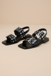 Sandria Black Patent Studded Buckle Slingback Sandals