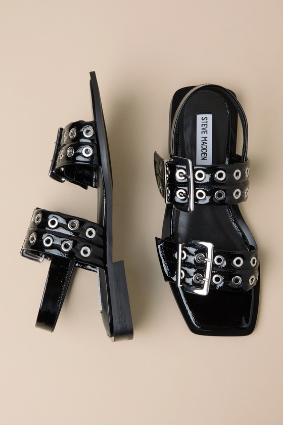 Shop Steve Madden Sandria Black Patent Studded Buckle Slingback Sandals