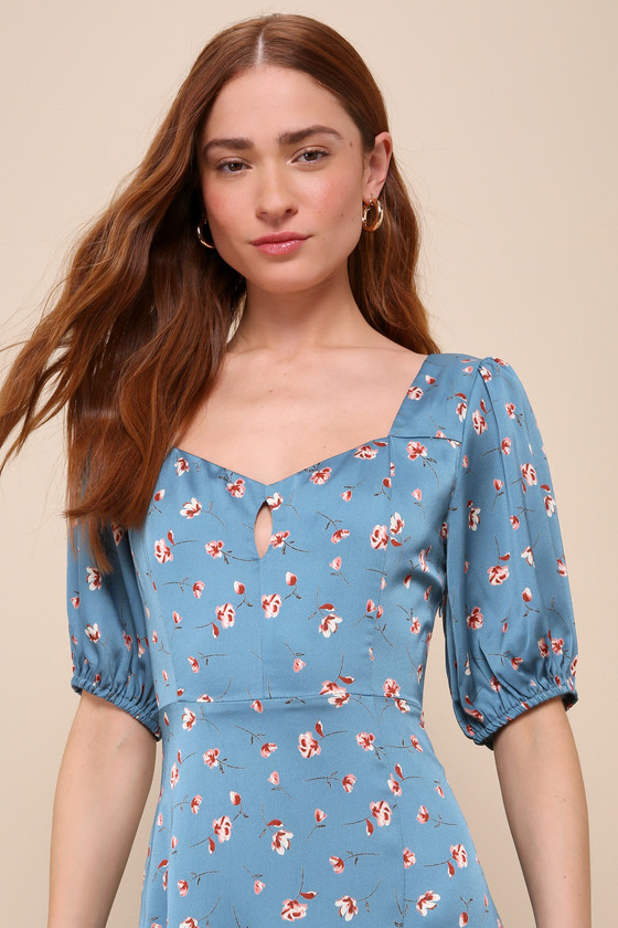 Gorgeous Days Blue Floral Satin Puff Sleeve Midi Dress 3