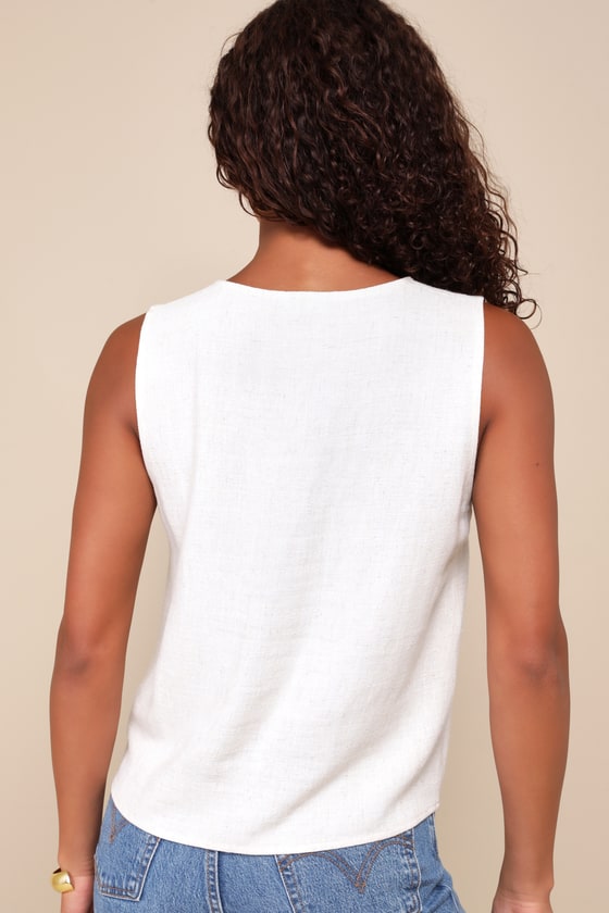 LULUS CASUALLY SOPHISTICATED BEIGE LINEN SLEEVELESS BUTTON-FRONT TOP