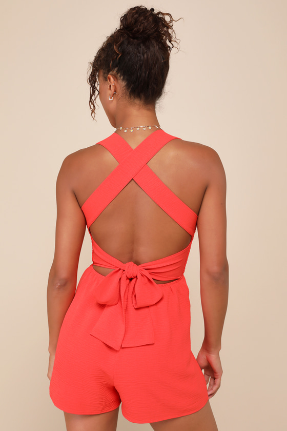LULUS SUMMERTIME SENSES RED ORANGE SMOCKED TIE-BACK ROMPER