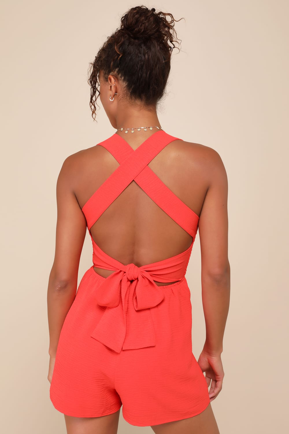 Summertime Senses Red Orange Smocked Tie-Back Romper