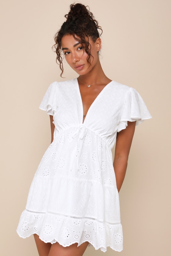 Shop Lulus Tuscan Charm White Eyelet Embroidered Flutter Sleeve Mini Dress