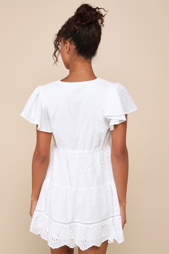 Shop Lulus Tuscan Charm White Eyelet Embroidered Flutter Sleeve Mini Dress
