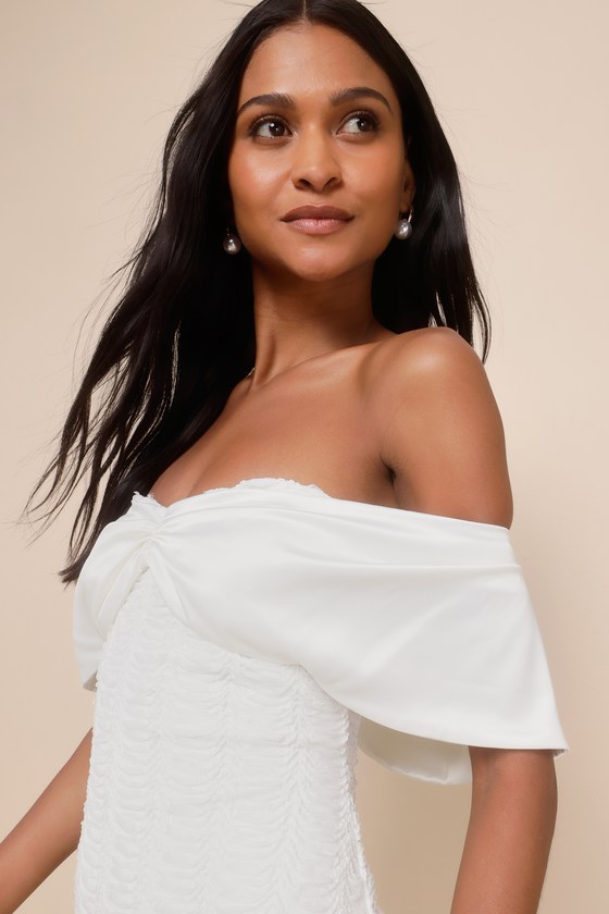 Lulus Quite Delightful White Lace Off-the-shoulder Bodycon Mini Dress In White