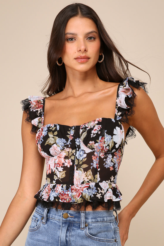 LULUS CHARMINGLY SWEET BLACK FLORAL PRINT LACE BUSTIER TOP