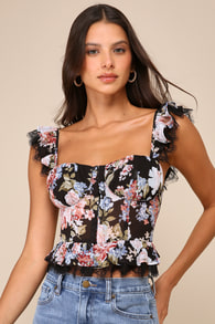 Charmingly Sweet Black Floral Print Lace Bustier Top