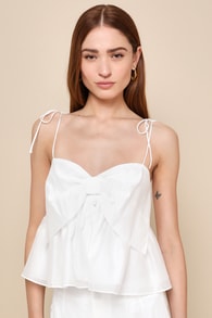Ideal Cuteness White Bow-Front Tie-Strap Cropped Cami Top