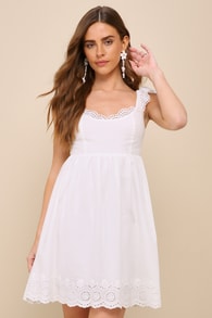 Kindest Cutie White Eyelet Embroidered Ruffle Strap Mini Dress