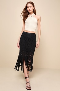 Enviable Summer Black Crochet Fringe Midi Skirt