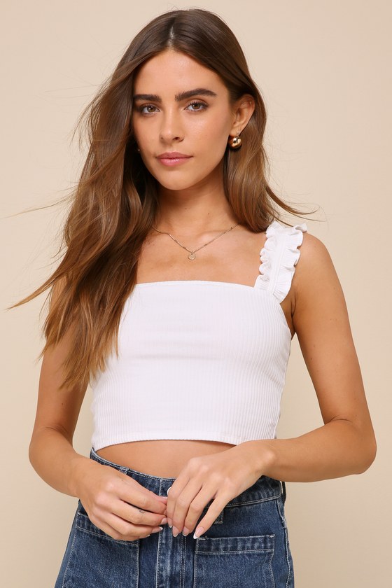 Shop Lulus Musing About You Ivory Ribbed Ruffle Strap Cropped Tank Top