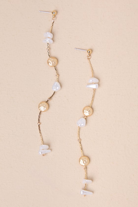 Lulus Attractive Aura Gold Beaded Pearl Chain Drop Earrings