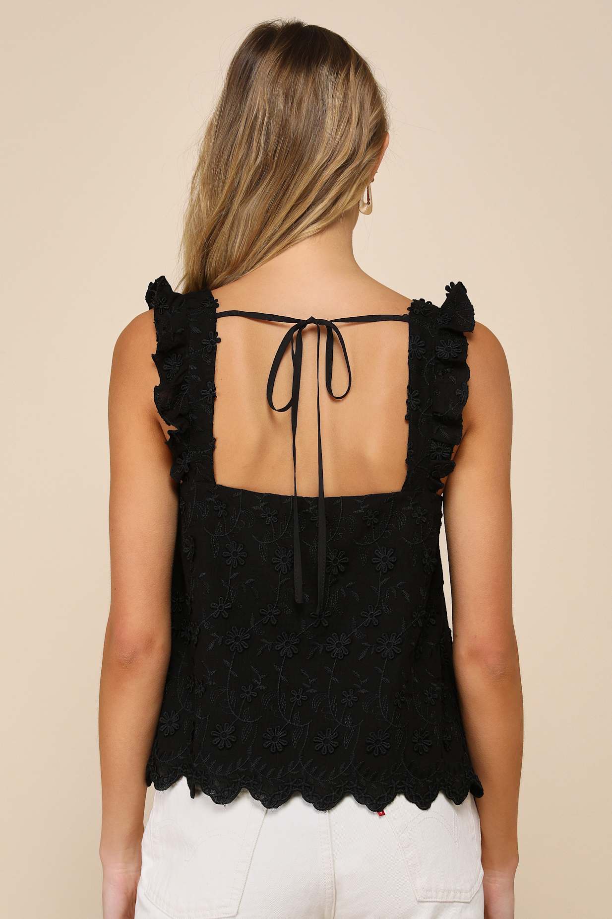 Cutest Weekend Black 3D Floral Embroidered Tie-Back Tank Top