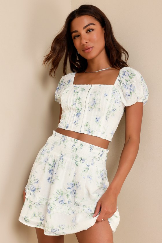 Springtime Sentiments White Floral Swiss Dot Ruffled Mini Skirt 4