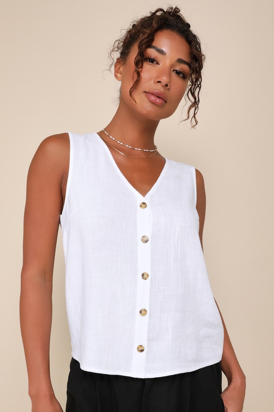 Linen Blend Fitted Teardrop Neck Sleeveless Vest Top_BDHL8226