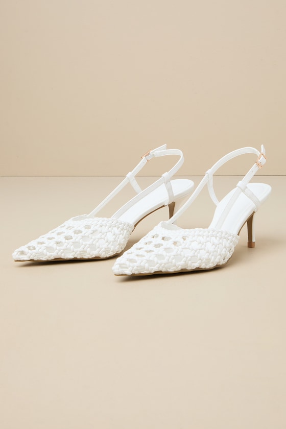 Davine White Woven Pointed-Toe Slingback Pumps 1
