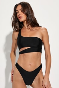 Sun and Games Black One-Shoulder Cutout Bikini Top