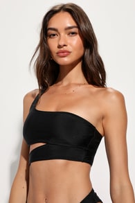 Sun and Games Black One-Shoulder Cutout Bikini Top