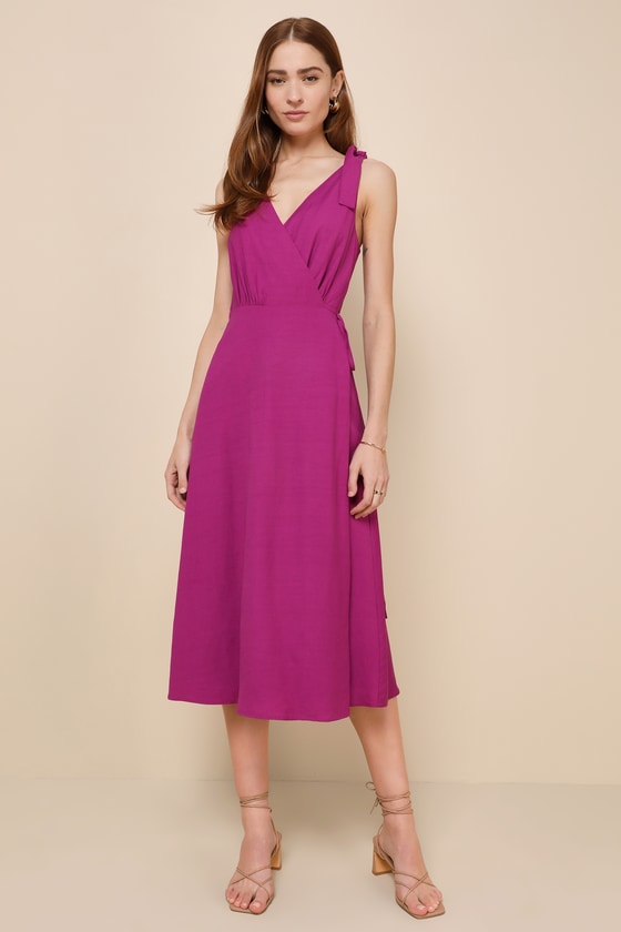 Magenta Purple Dress - Surplice Midi Dress - Tie-Strap Midi Dress - Lulus