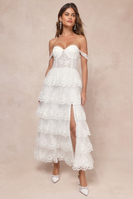 Shop Lulus Luxe Beauty White Embroidered Tiered Off-the-shoulder Dress