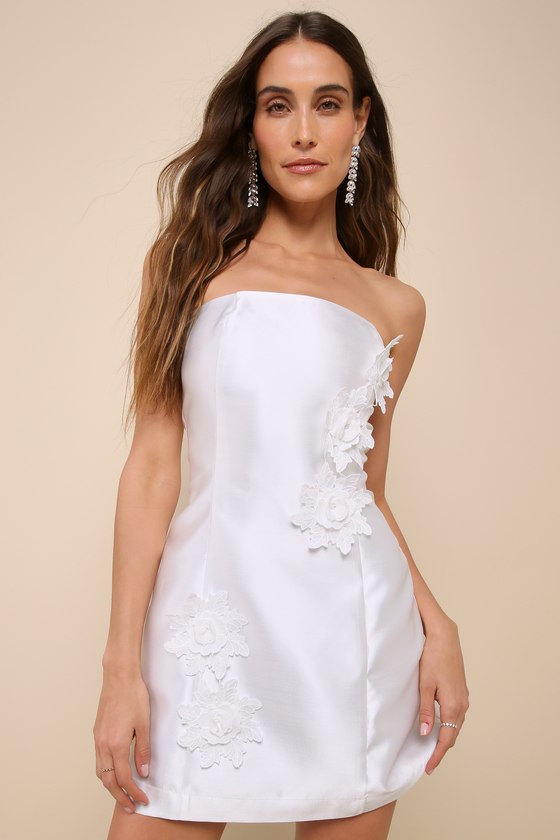 Lulus Charming Destiny White 3d Floral Applique Strapless Mini Dress