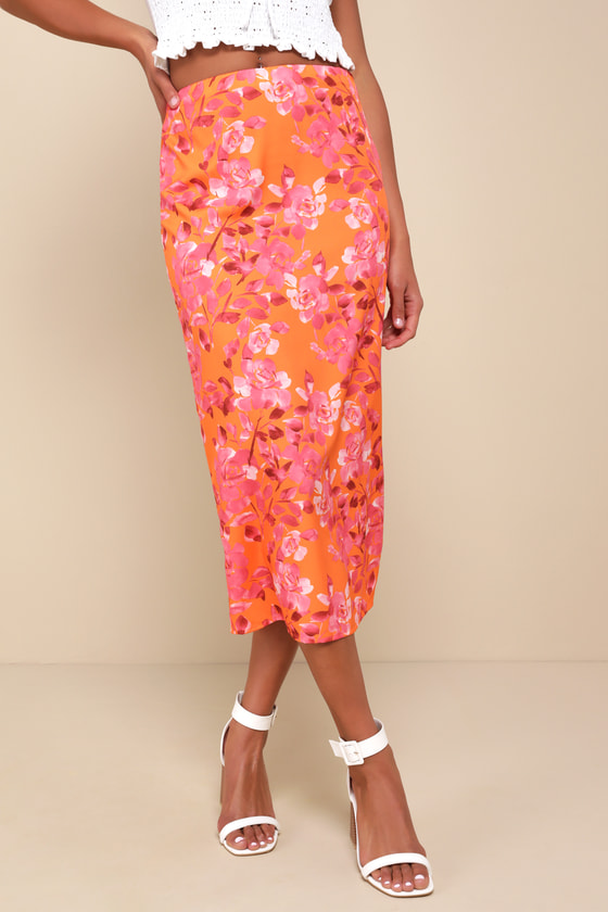 Shop Lulus Gorgeous Muse Orange Floral Print Satin High Rise Midi Skirt