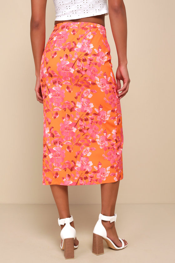 Shop Lulus Gorgeous Muse Orange Floral Print Satin High Rise Midi Skirt