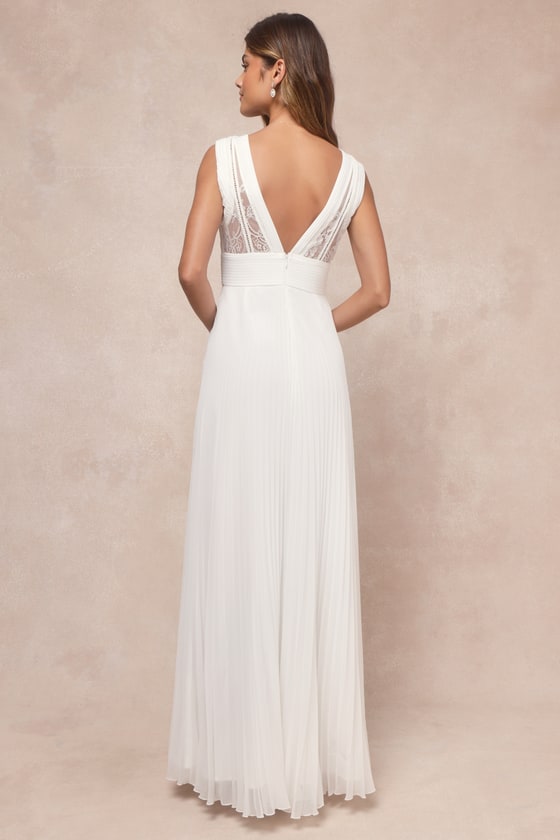 Lulus Gorgeous Forever Ivory Chiffon Lace Pleated Backless Maxi Dress In Ivory