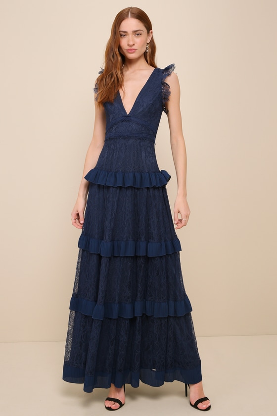 Lulus Marvelous Darling Navy Blue Lace Ruffled Tiered Maxi Dress In Black