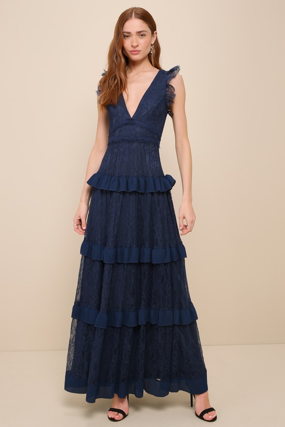 Navy Blue Lace Ruffled Tiered Maxi Dress Womens Small Available in M L 100 Polyester Lulus