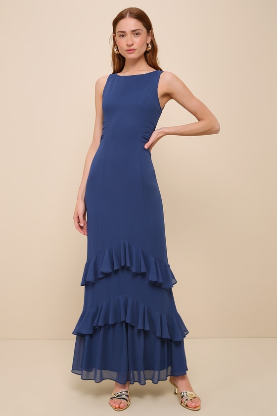 Shop Lulus Lovely Arrival Dark Blue Chiffon Ruffled Tiered Maxi Dress