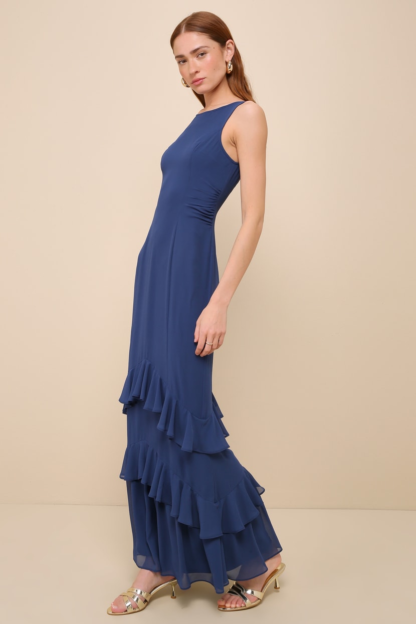 fitted lace wedding dress Berylove Women Dark Navy Bridesmaid Dress Square Neck Tiered A Line Chiffon Wedding Guest Dress, Dark Navy / US10 main image 0