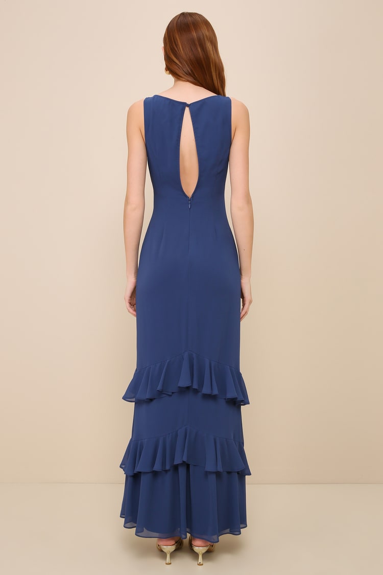 Dark Blue Chiffon Dress - Tiered Maxi Dress - Cutout Dress - Lulus