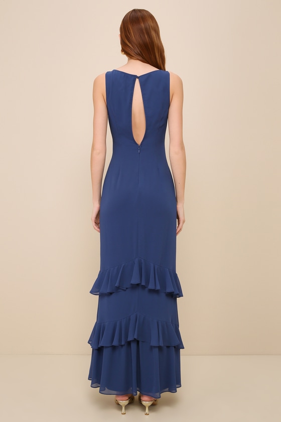 Lovely Arrival Dark Blue Chiffon Ruffled Tiered Maxi Dress 4