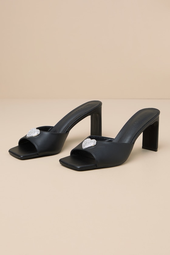 Kehlani Black Rhinestone Heart Charm High Heel Sandals 4
