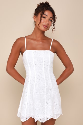 Summer Cutie White Eyelet Embroidered Sleeveless Mini Dress