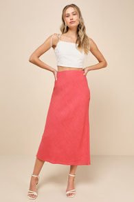 Summery Cutie Rusty Rose Linen High-Waisted Midi Skirt