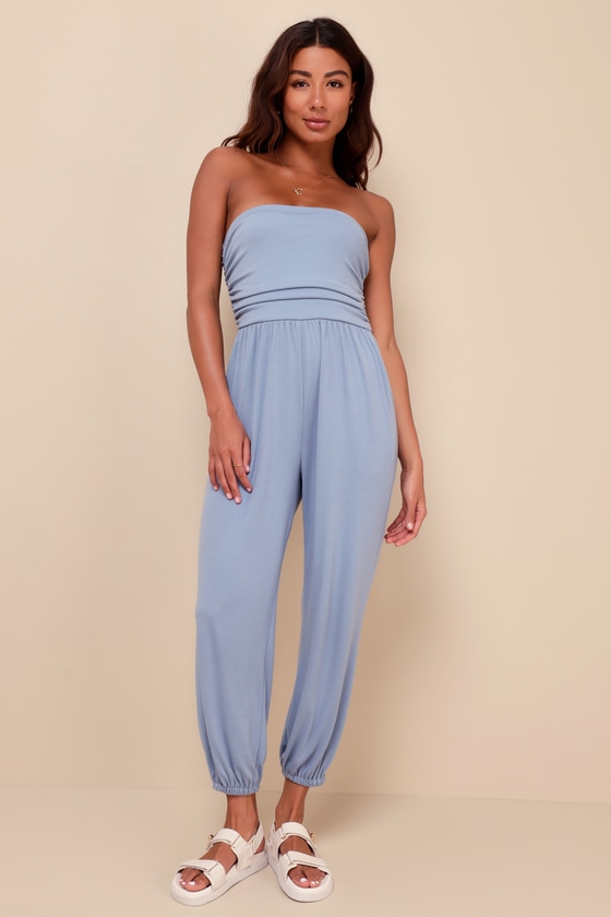 Lulus Flawless Comfort Light Blue Ruched Strapless Jogger Jumpsuit