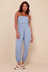 Flawless Comfort Light Blue Ruched Strapless Jogger Jumpsuit