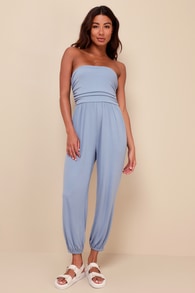 Flawless Comfort Light Blue Ruched Strapless Jogger Jumpsuit 1