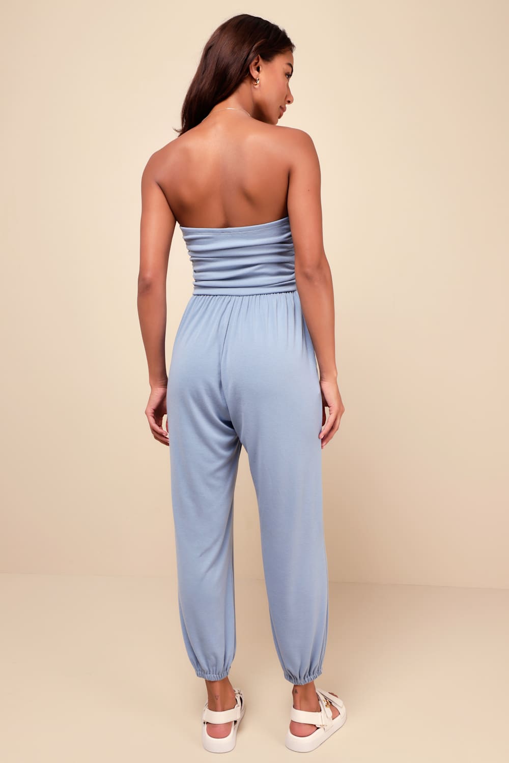 Flawless Comfort Light Blue Ruched Strapless Jogger Jumpsuit