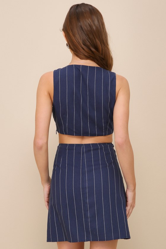 Lulus Confident Season Navy Striped Linen Cutout O-ring Mini Dress In Navy