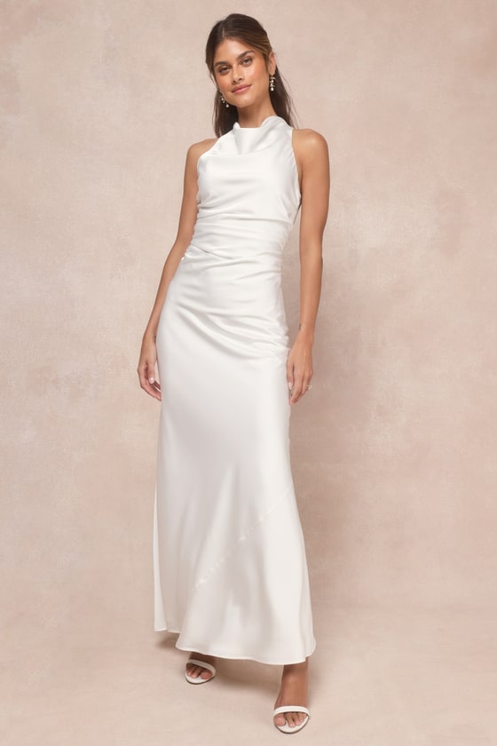 Lulus Effortlessly Sensational White Satin Backless Maxi Dress In White