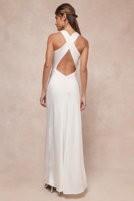 Lulus Effortlessly Sensational White Satin Backless Maxi Dress In White