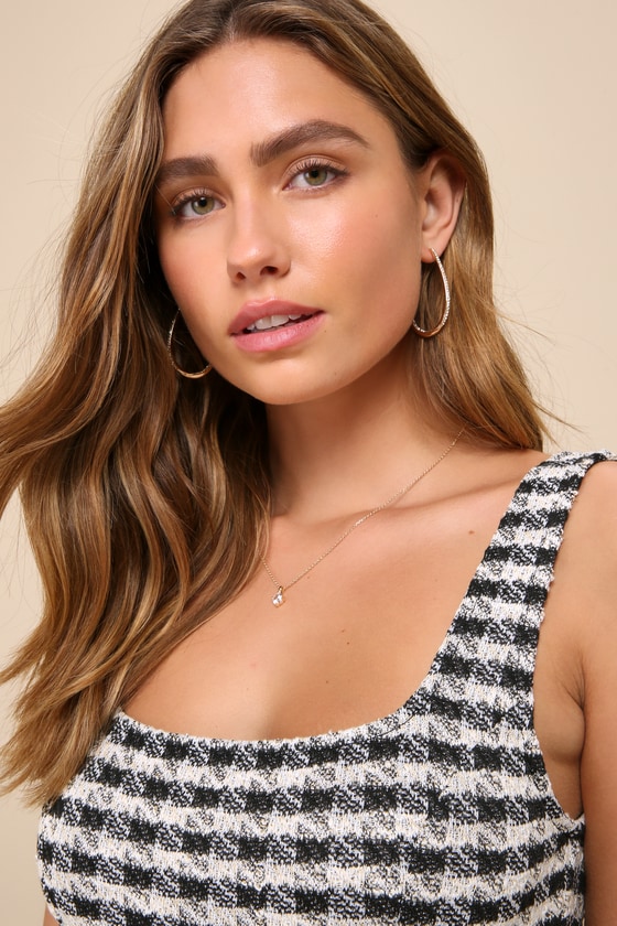 Lulus Charming Direction Black And Ivory Tweed Plaid Skort Romper In Black And Ivory