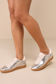 Notice Silver Metallic Distressed Leather Lace-Up Sneakers