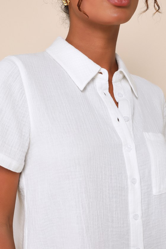 Shop Lulus Charming Endeavors White Textured Cotton Button-up Collared Top