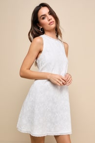 Sweet Loveliness White Embroidered Sleeveless Shift Mini Dress