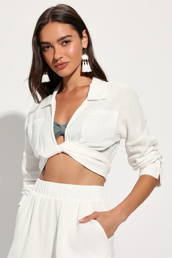 Effortless Summer White Long Sleeve Tie-Front Swim Cover-Up Top 1