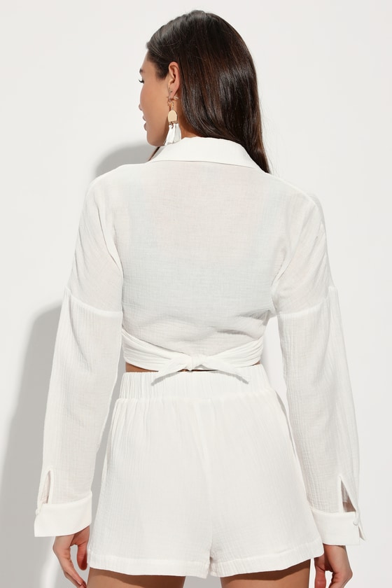 Effortless Summer White Long Sleeve Tie-Front Swim Cover-Up Top 2